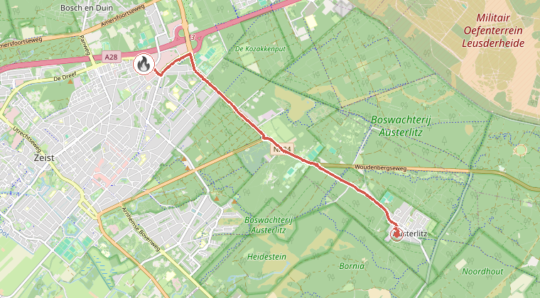 Kaart van de omgeving van de melding, met de kazerne die is gealarmeerd