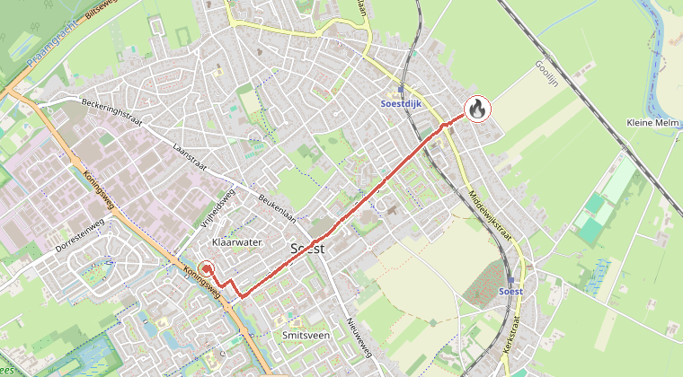 Kaart van de omgeving van de melding, met de kazerne die is gealarmeerd