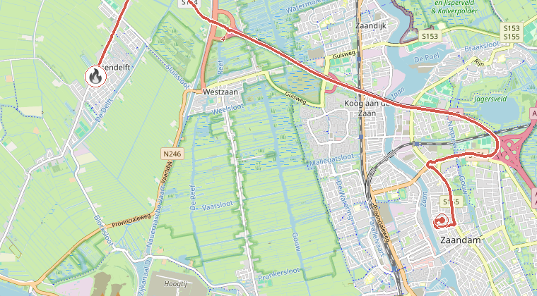 Kaart van de omgeving van de melding, met de kazerne die is gealarmeerd