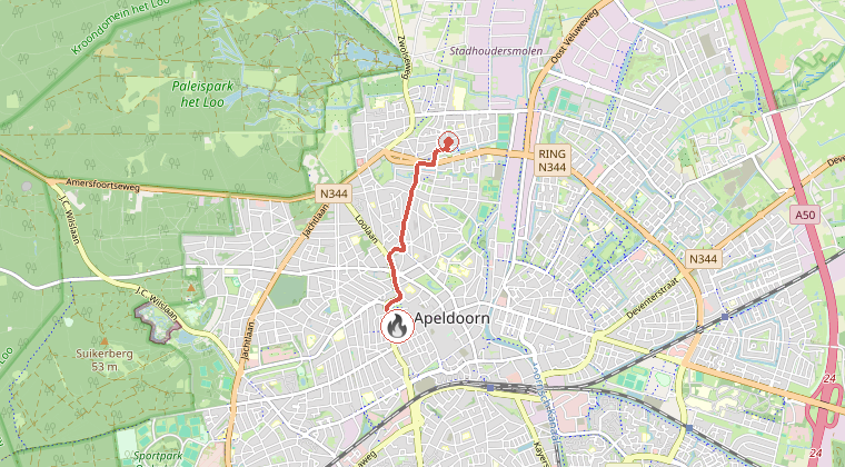 Kaart van de omgeving van de melding, met de kazerne die is gealarmeerd