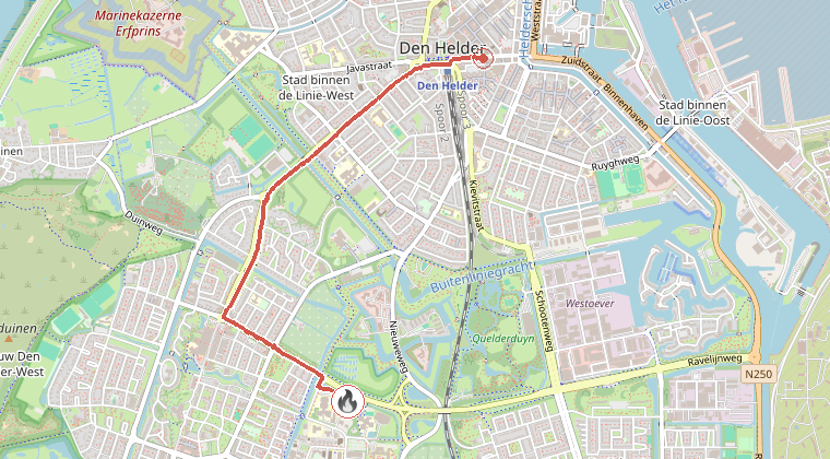 Kaart van de omgeving van de melding, met de kazerne die is gealarmeerd