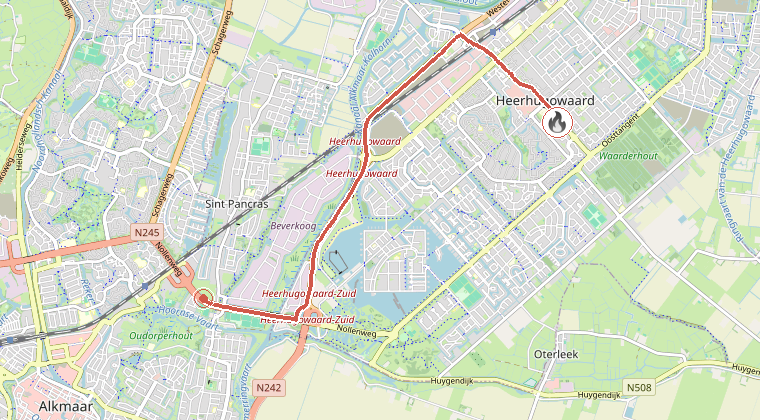 Kaart van de omgeving van de melding, met de kazerne die is gealarmeerd