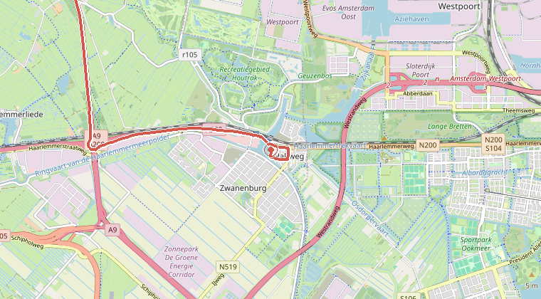 Kaart van de omgeving van de melding, met de kazerne die is gealarmeerd