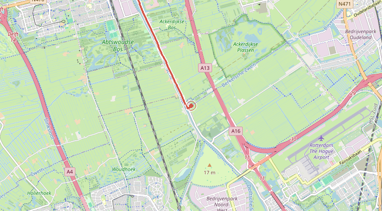 Kaart van de omgeving van de melding, met de kazerne die is gealarmeerd