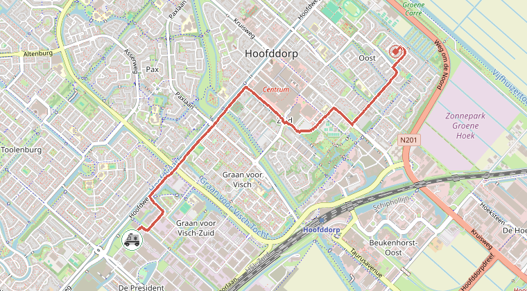 Kaart van de omgeving van de melding, met de kazerne die is gealarmeerd