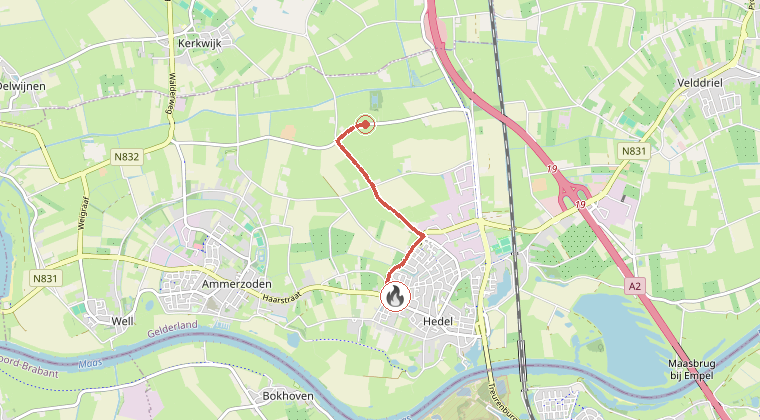 Kaart van de omgeving van de melding, met de kazerne die is gealarmeerd