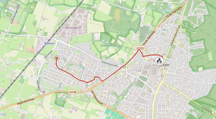 Kaart van de omgeving van de melding, met de kazerne die is gealarmeerd