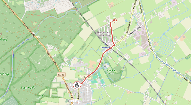 Kaart van de omgeving van de melding, met de kazerne die is gealarmeerd