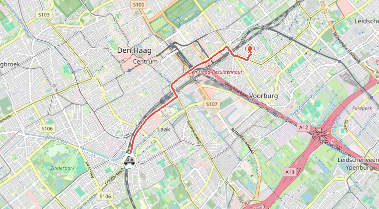 Kaart van de omgeving van de melding, met de kazerne die is gealarmeerd