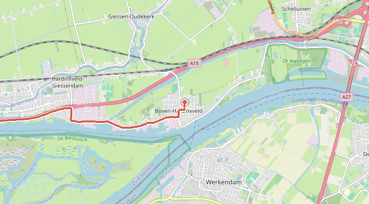 Kaart van de omgeving van de melding, met de kazerne die is gealarmeerd