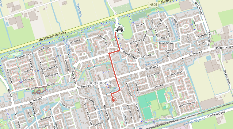 Kaart van de omgeving van de melding, met de kazerne die is gealarmeerd