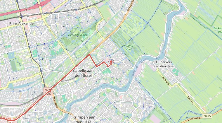 Kaart van de omgeving van de melding, met de kazerne die is gealarmeerd