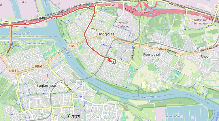 Kaart van de omgeving van de melding, met de kazerne die is gealarmeerd