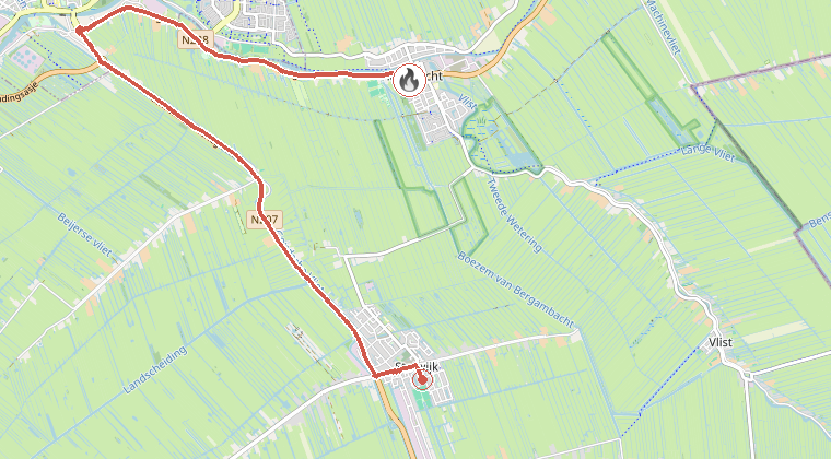 Kaart van de omgeving van de melding, met de kazerne die is gealarmeerd