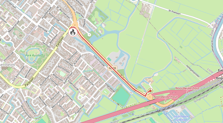 Kaart van de omgeving van de melding, met de kazerne die is gealarmeerd