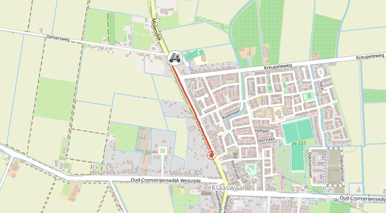 Kaart van de omgeving van de melding, met de kazerne die is gealarmeerd
