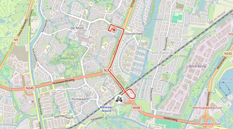 Kaart van de omgeving van de melding, met de kazerne die is gealarmeerd