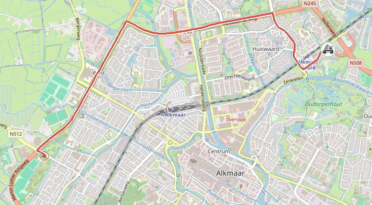 Kaart van de omgeving van de melding, met de kazerne die is gealarmeerd