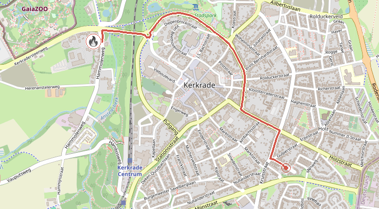 Kaart van de omgeving van de melding, met de kazerne die is gealarmeerd