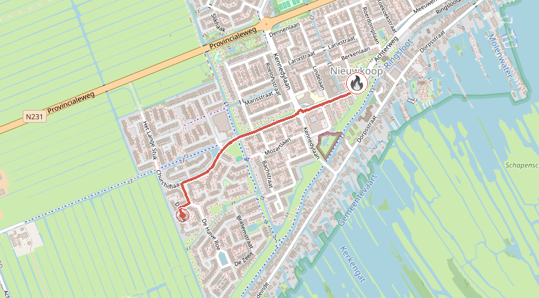 Kaart van de omgeving van de melding, met de kazerne die is gealarmeerd