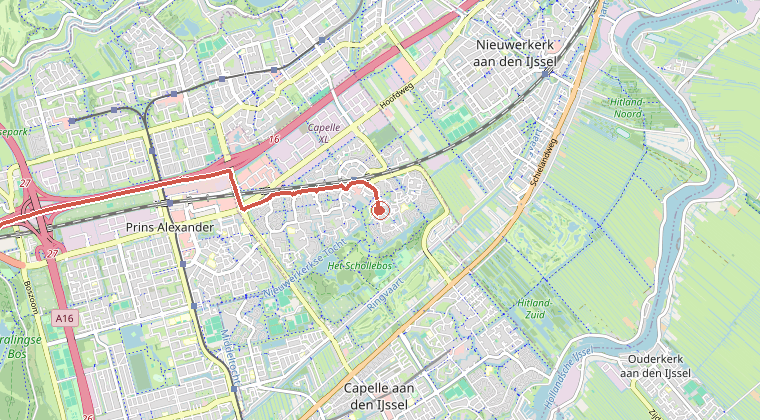 Kaart van de omgeving van de melding, met de kazerne die is gealarmeerd