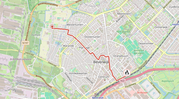 Kaart van de omgeving van de melding, met de kazerne die is gealarmeerd