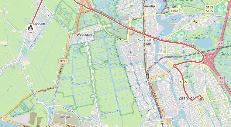 Kaart van de omgeving van de melding, met de kazerne die is gealarmeerd