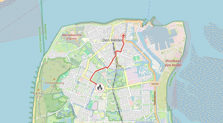 Kaart van de omgeving van de melding, met de kazerne die is gealarmeerd