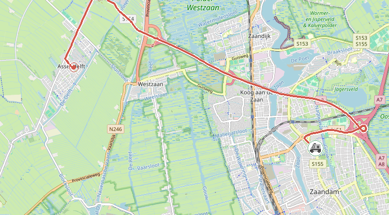 Kaart van de omgeving van de melding, met de kazerne die is gealarmeerd