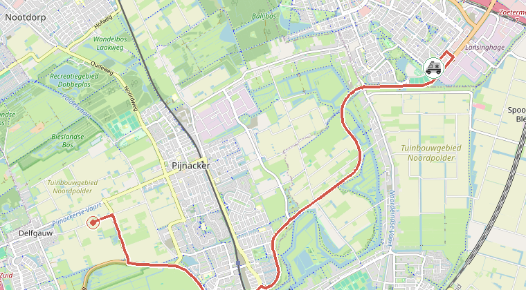 Kaart van de omgeving van de melding, met de kazerne die is gealarmeerd