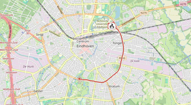 Kaart van de omgeving van de melding, met de kazerne die is gealarmeerd