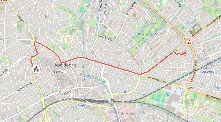 Kaart van de omgeving van de melding, met de kazerne die is gealarmeerd