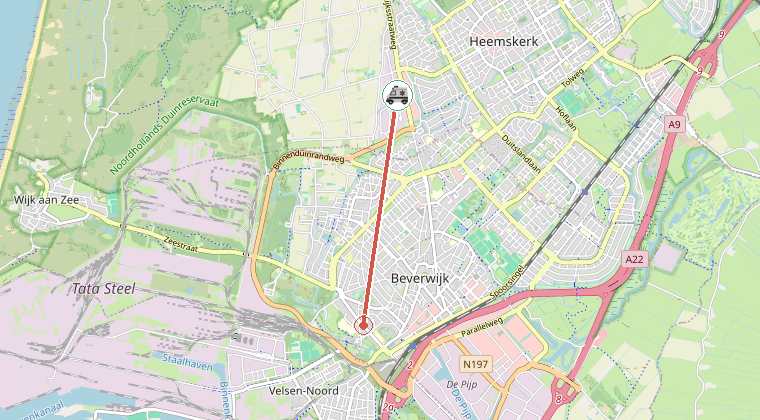 Kaart van de omgeving van de melding, met de kazerne die is gealarmeerd