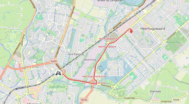 Kaart van de omgeving van de melding, met de kazerne die is gealarmeerd