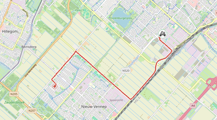 Kaart van de omgeving van de melding, met de kazerne die is gealarmeerd