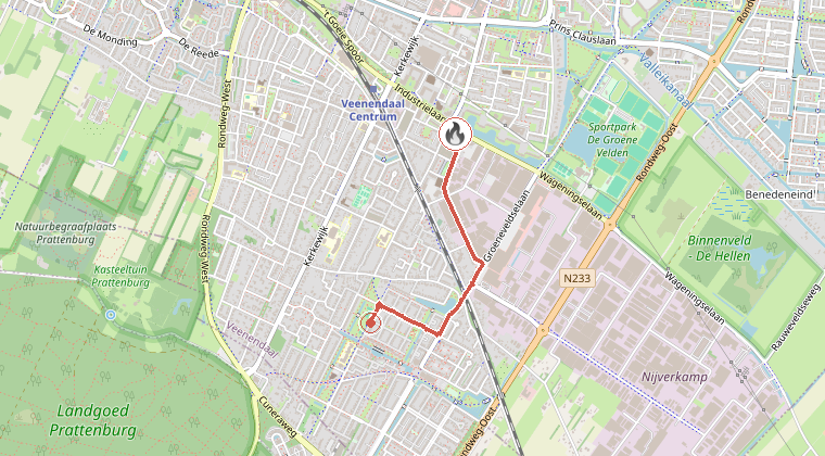 Kaart van de omgeving van de melding, met de kazerne die is gealarmeerd