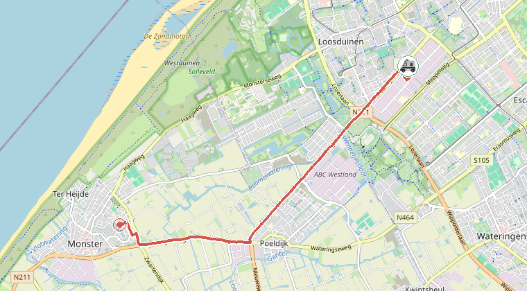 Kaart van de omgeving van de melding, met de kazerne die is gealarmeerd