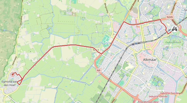 Kaart van de omgeving van de melding, met de kazerne die is gealarmeerd