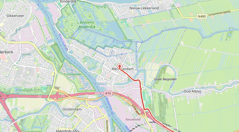 Kaart van de omgeving van de melding, met de kazerne die is gealarmeerd