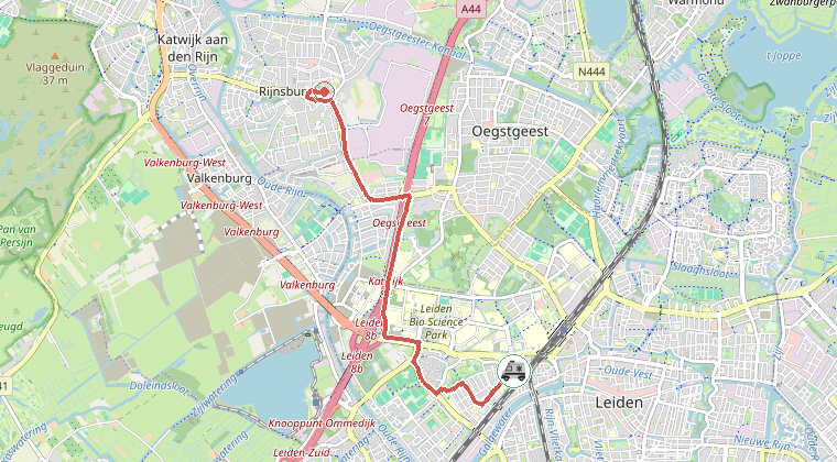 Kaart van de omgeving van de melding, met de kazerne die is gealarmeerd
