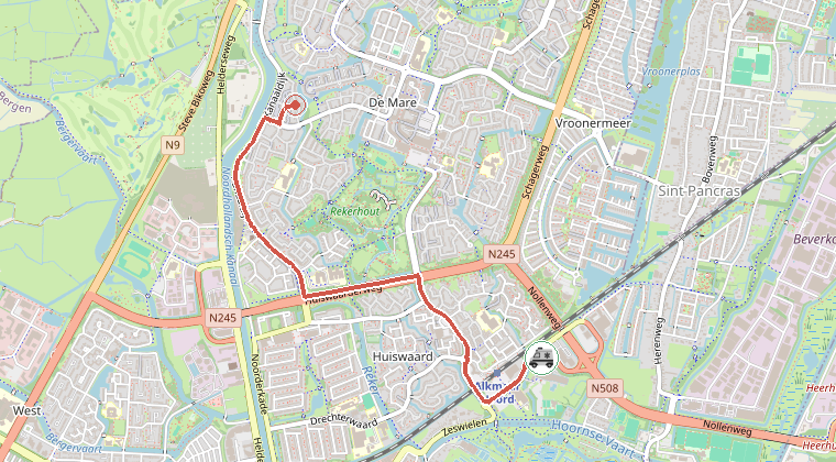 Kaart van de omgeving van de melding, met de kazerne die is gealarmeerd