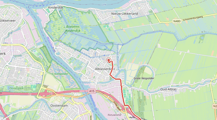 Kaart van de omgeving van de melding, met de kazerne die is gealarmeerd