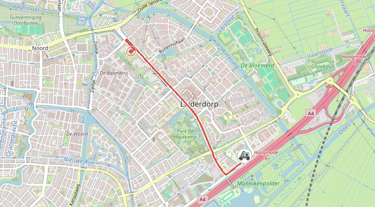 Kaart van de omgeving van de melding, met de kazerne die is gealarmeerd