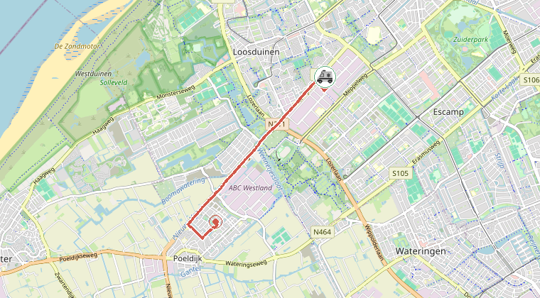 Kaart van de omgeving van de melding, met de kazerne die is gealarmeerd