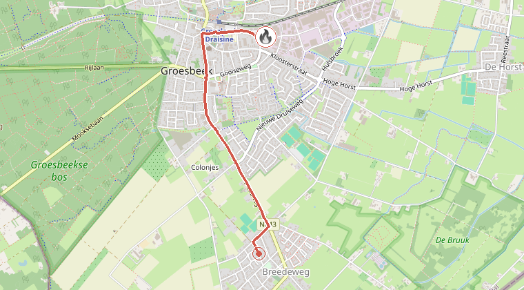 Kaart van de omgeving van de melding, met de kazerne die is gealarmeerd