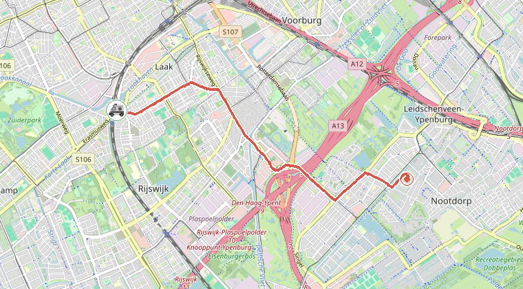 Kaart van de omgeving van de melding, met de kazerne die is gealarmeerd