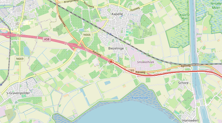 Kaart van de omgeving van de melding, met de kazerne die is gealarmeerd