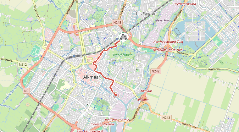 Kaart van de omgeving van de melding, met de kazerne die is gealarmeerd