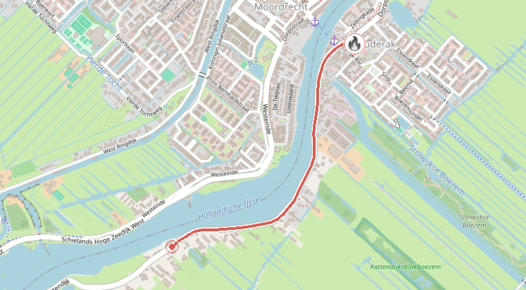 Kaart van de omgeving van de melding, met de kazerne die is gealarmeerd