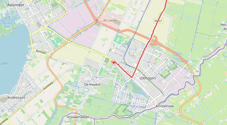 Kaart van de omgeving van de melding, met de kazerne die is gealarmeerd